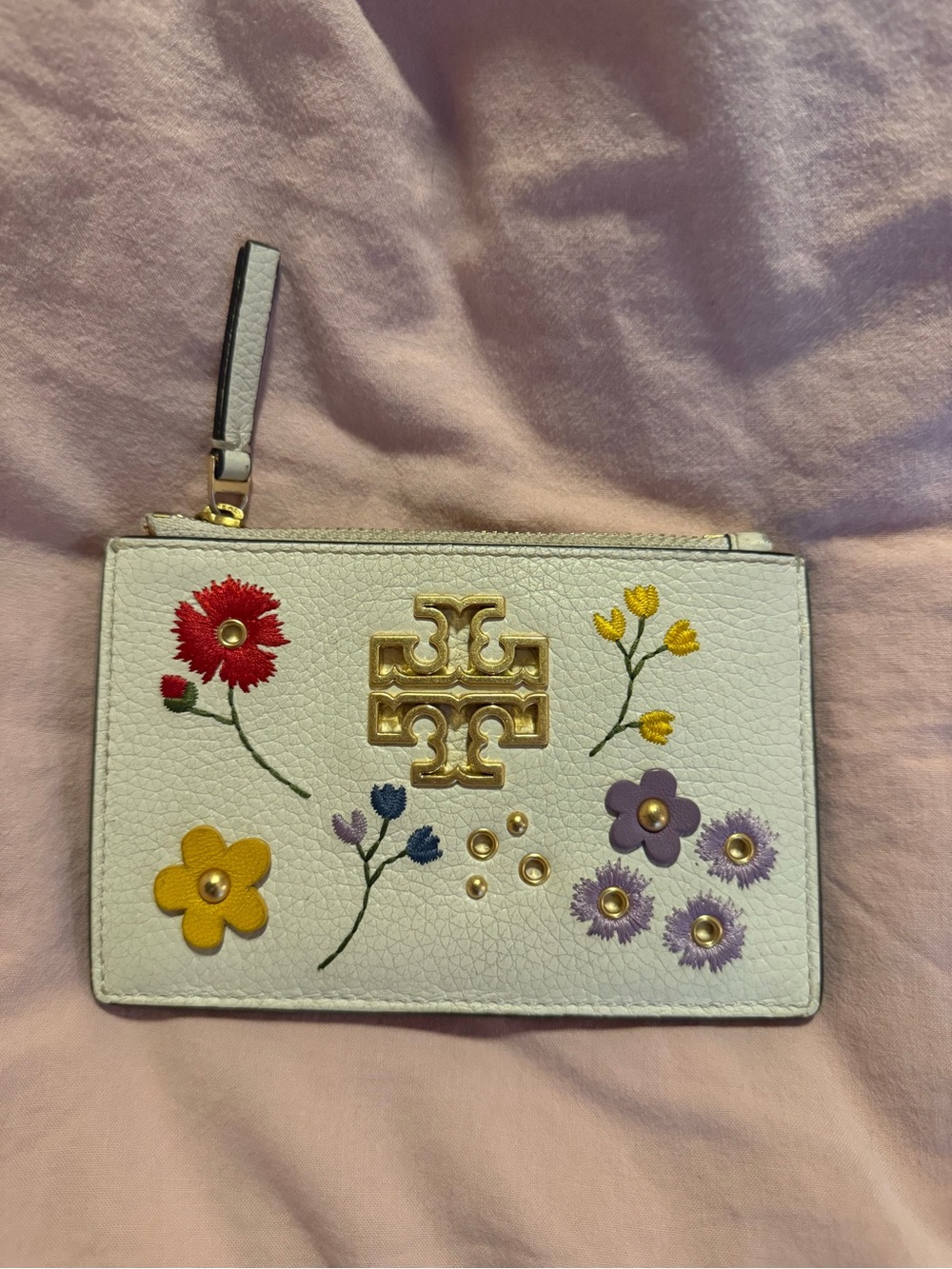 Tory Burch Britten White Floral Applique Embroidered Leather Card Wallet Pouch